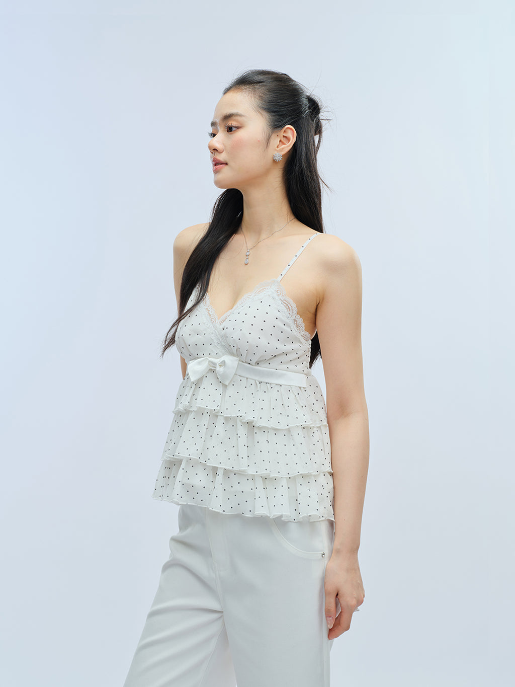 J TheChosen Polka Dot Chiffon Tiered Lace Bow Top