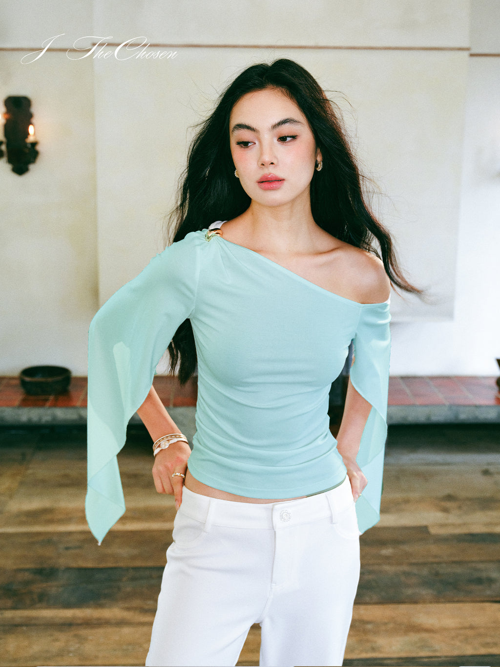 J TheChosen Asymmetric Off-Shoulder Ruffle Top