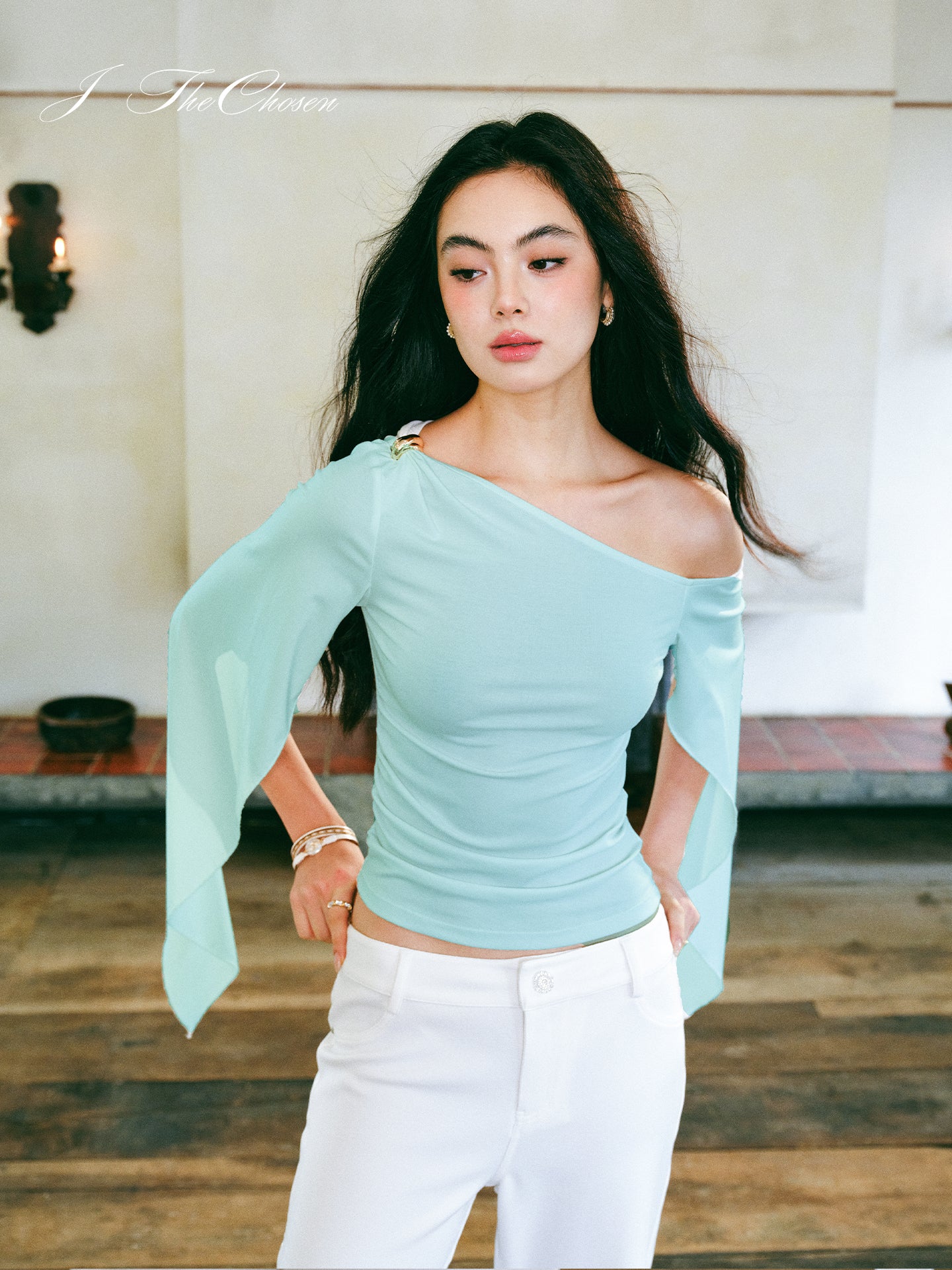 J TheChosen Asymmetric Off-Shoulder Ruffle Top