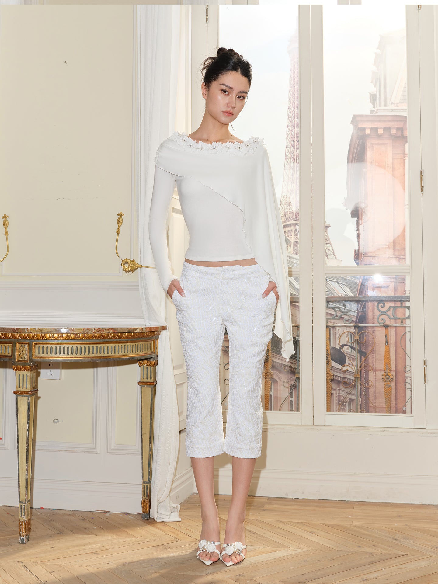 J TheChosen Asymmetric Crystal-Flower Cape Top