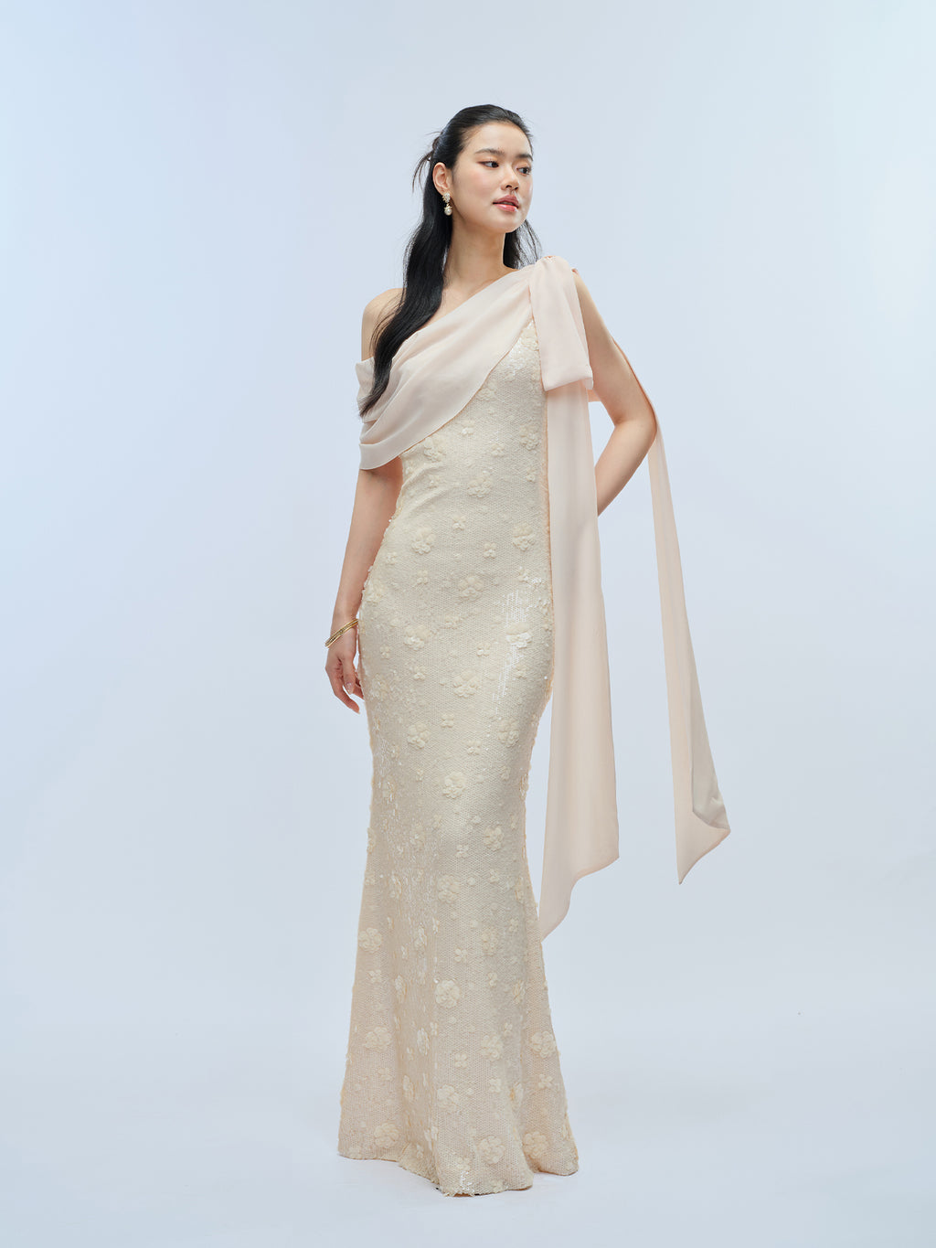 J TheChosen Off-Shoulder Sequin Gown with Bow and Streamer