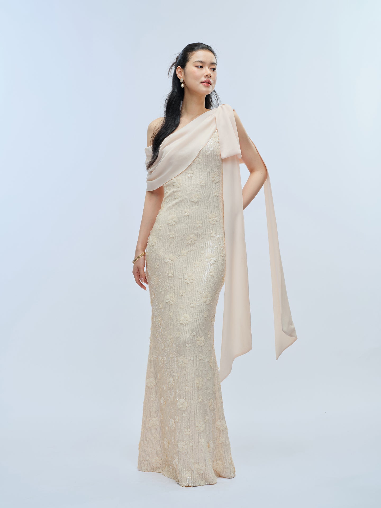 J TheChosen Off-Shoulder Sequin Gown with Bow and Streamer