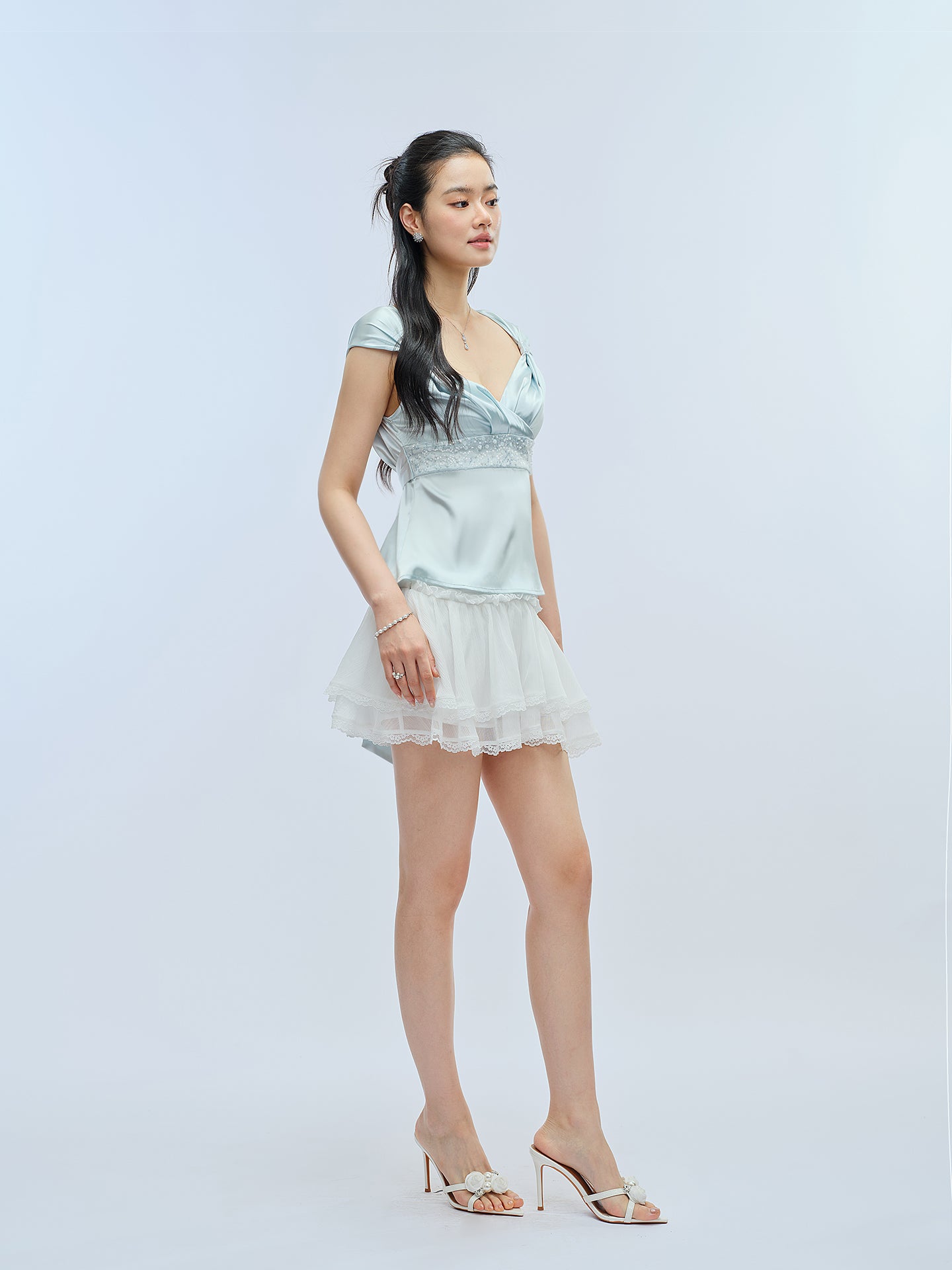 J TheChosen Beaded Satin V-Neck Wrap Top