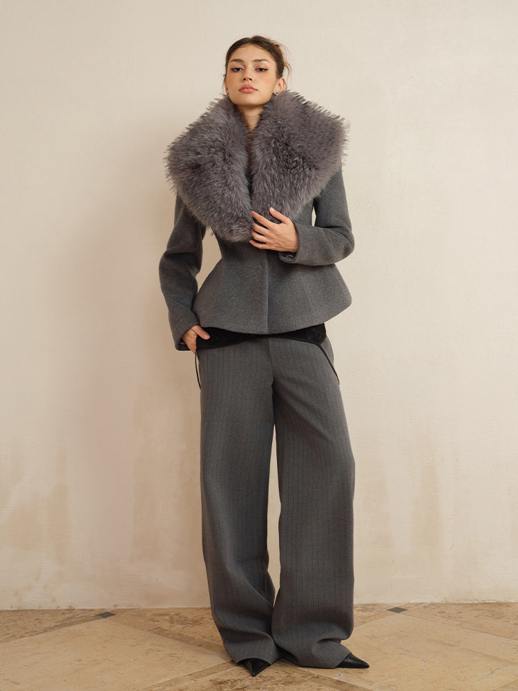 J TheChosen Removable Faux Fur Collar Waist-Cinching Wool Coat