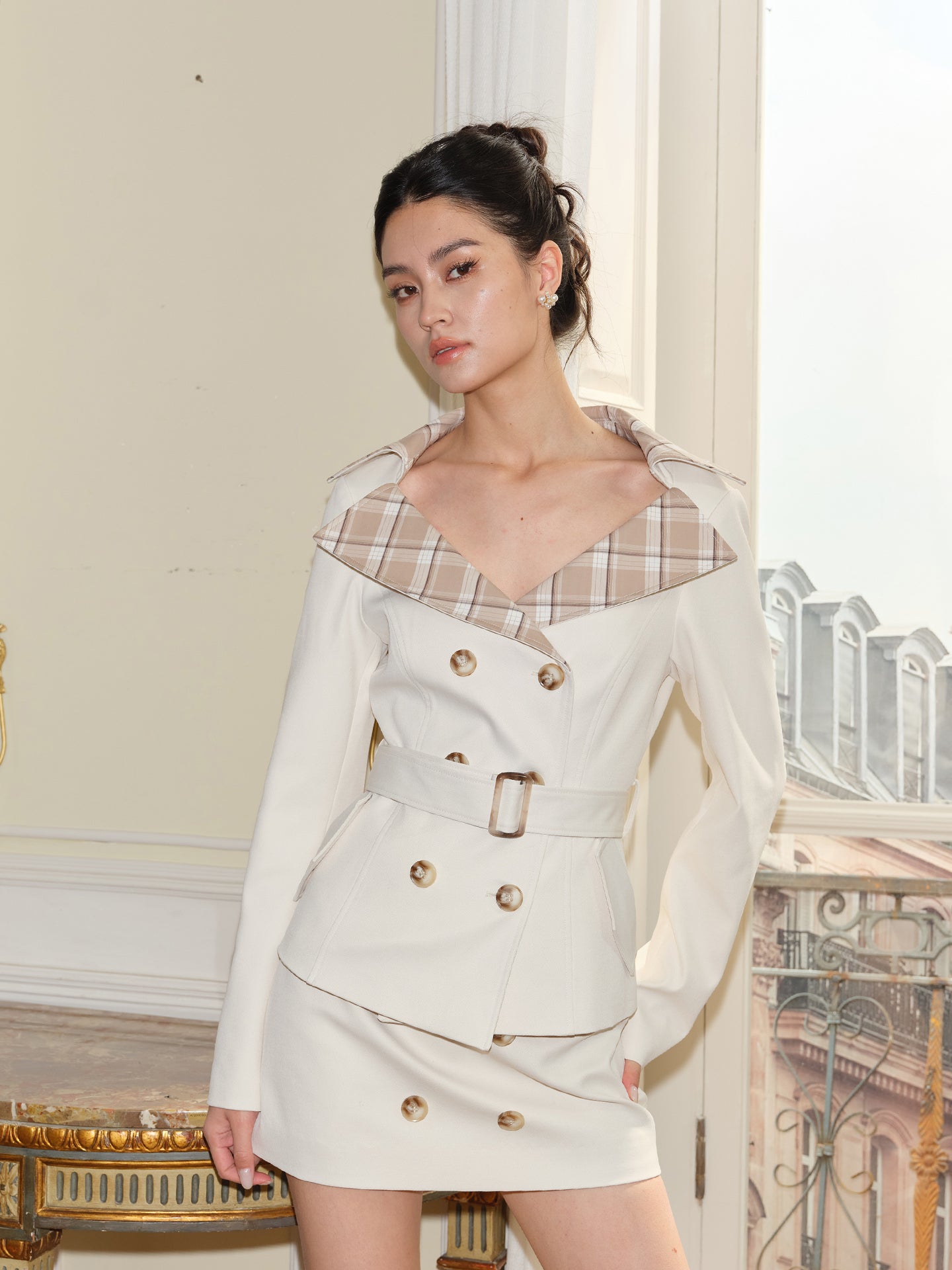 J TheChosen Off-Shoulder Plaid Trench Set