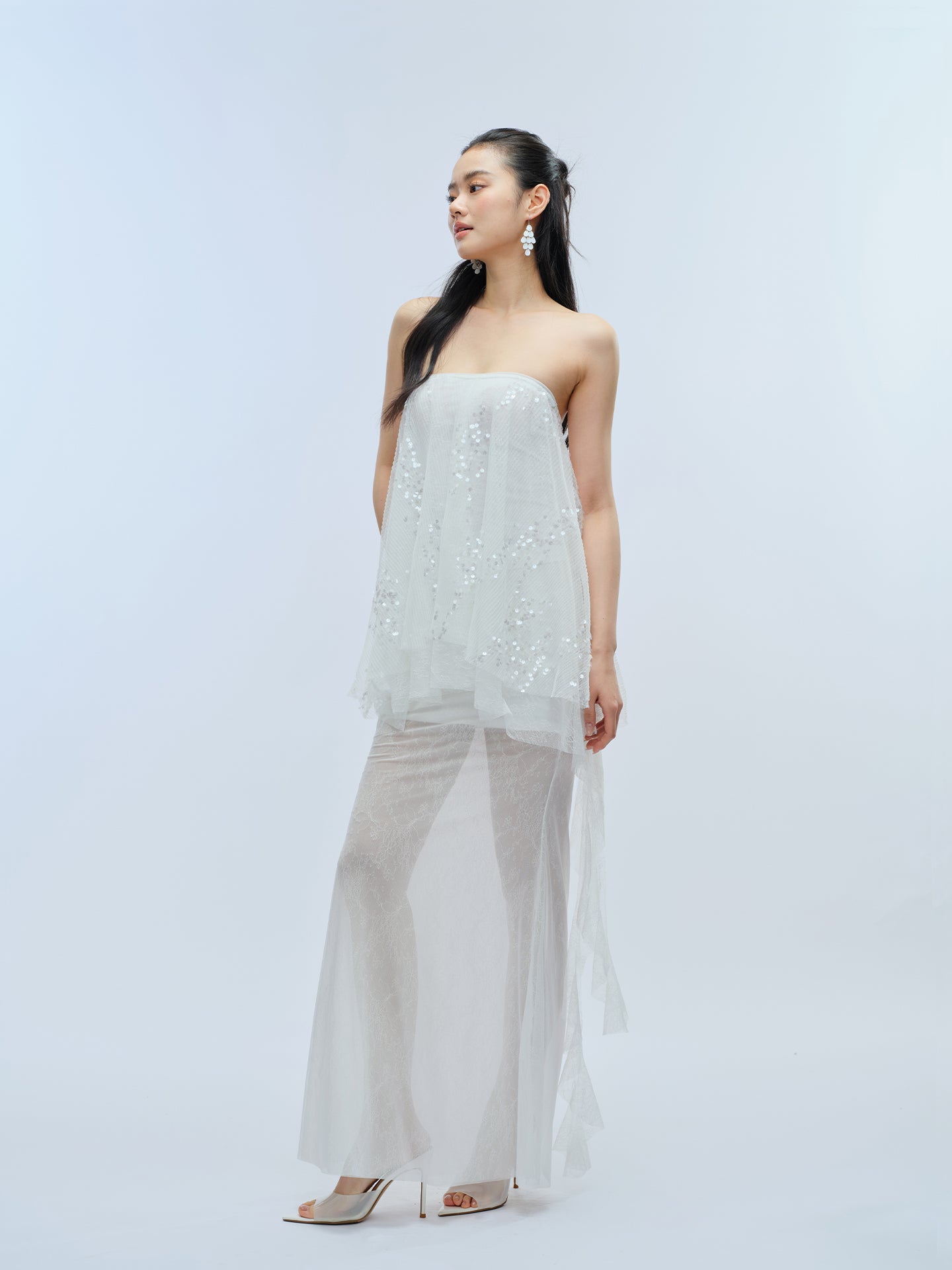J TheChosen Pleated Sequin Lace Mesh Fishtail Skirt Set