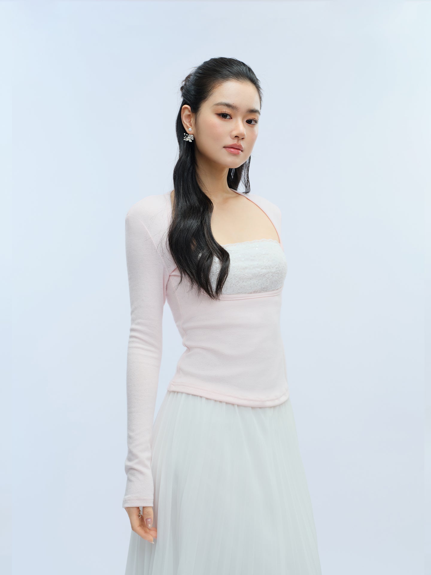 J TheChosen Faux Two-Piece Sequin Lace Knit Top