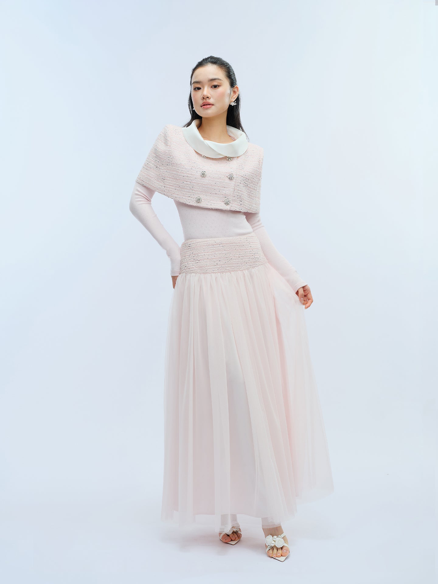 J TheChosen Crystal Button Tweed Set with Satin Cape Collar