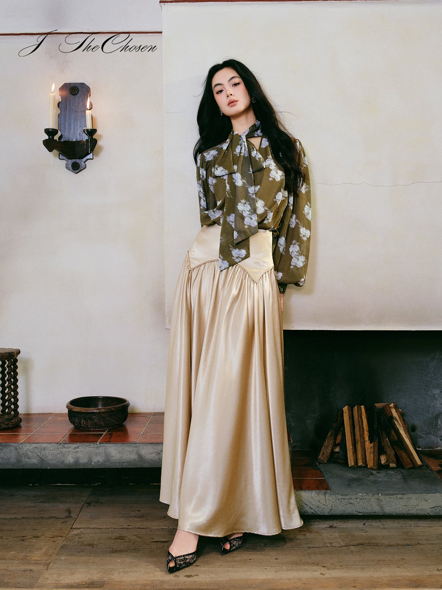 J TheChosen Long-Sleeve Shirt & Satin A-Line Skirt Set