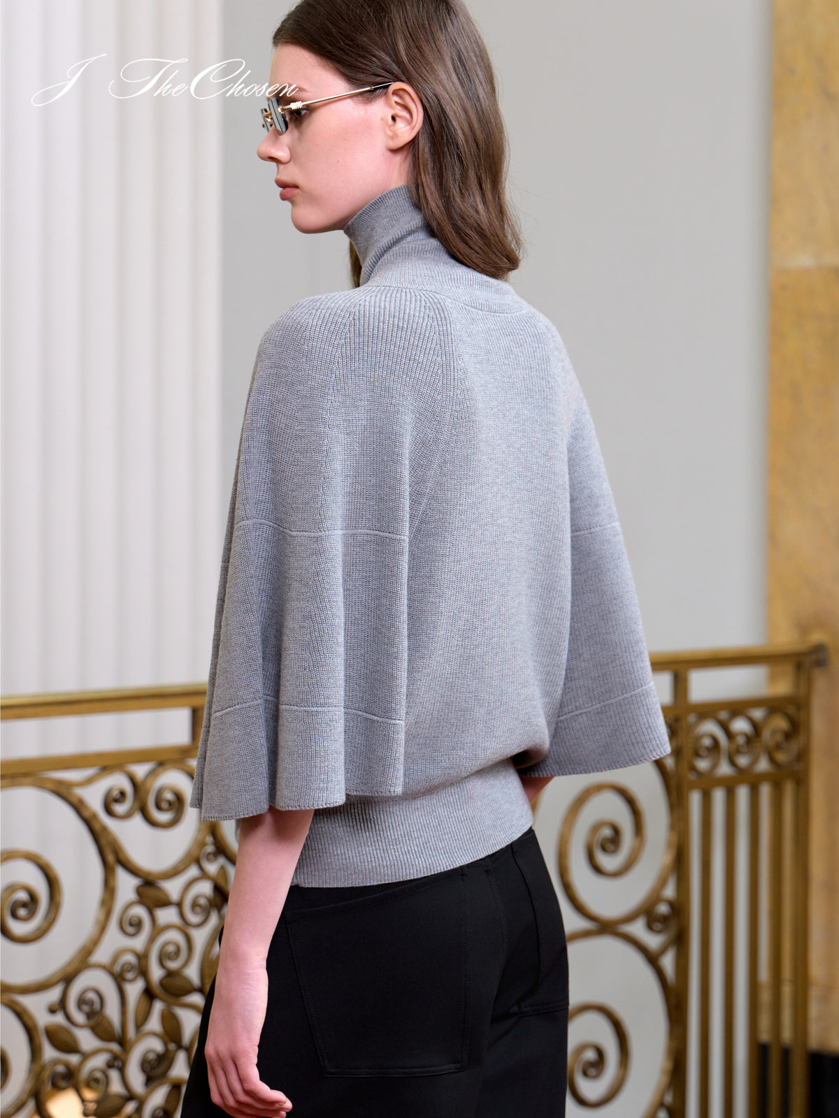 J TheChosen Asymmetric Button Cape Knit Sweater