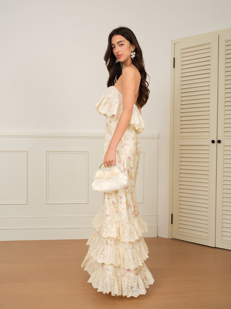 J TheChosen Off-shoulder Floral Satin Lace Maxi Dress