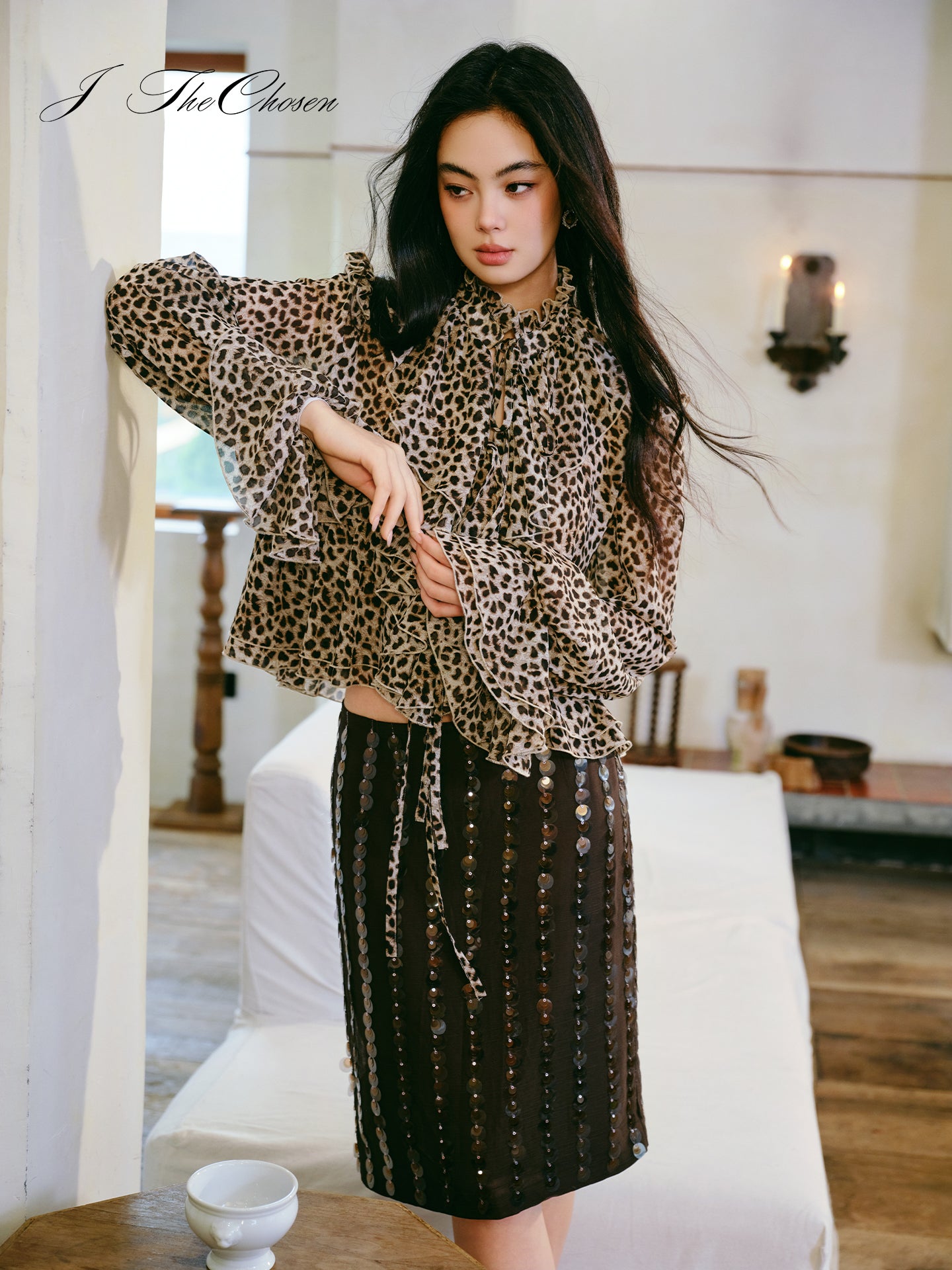 J TheChosen Ruffle Leopard Shirt & Sequin A-Line Skirt Set