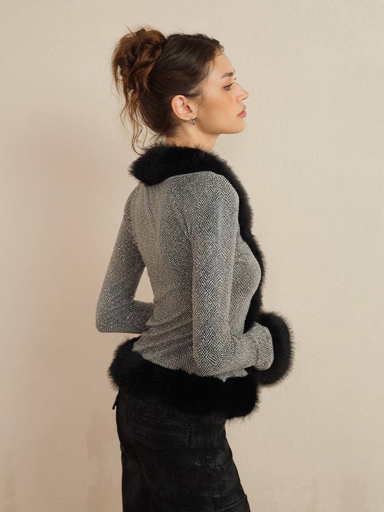 J TheChosen Sequin-Embellished Knit Top With Faux Fur Collar