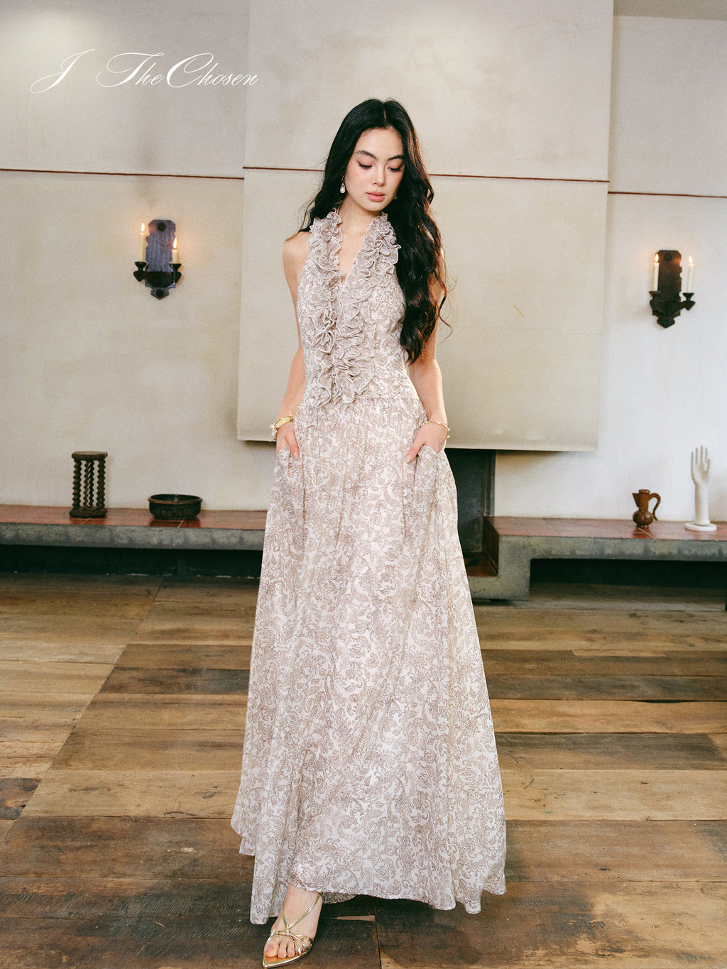 J TheChosen Halter Ruffle Waist Print Maxi Dress