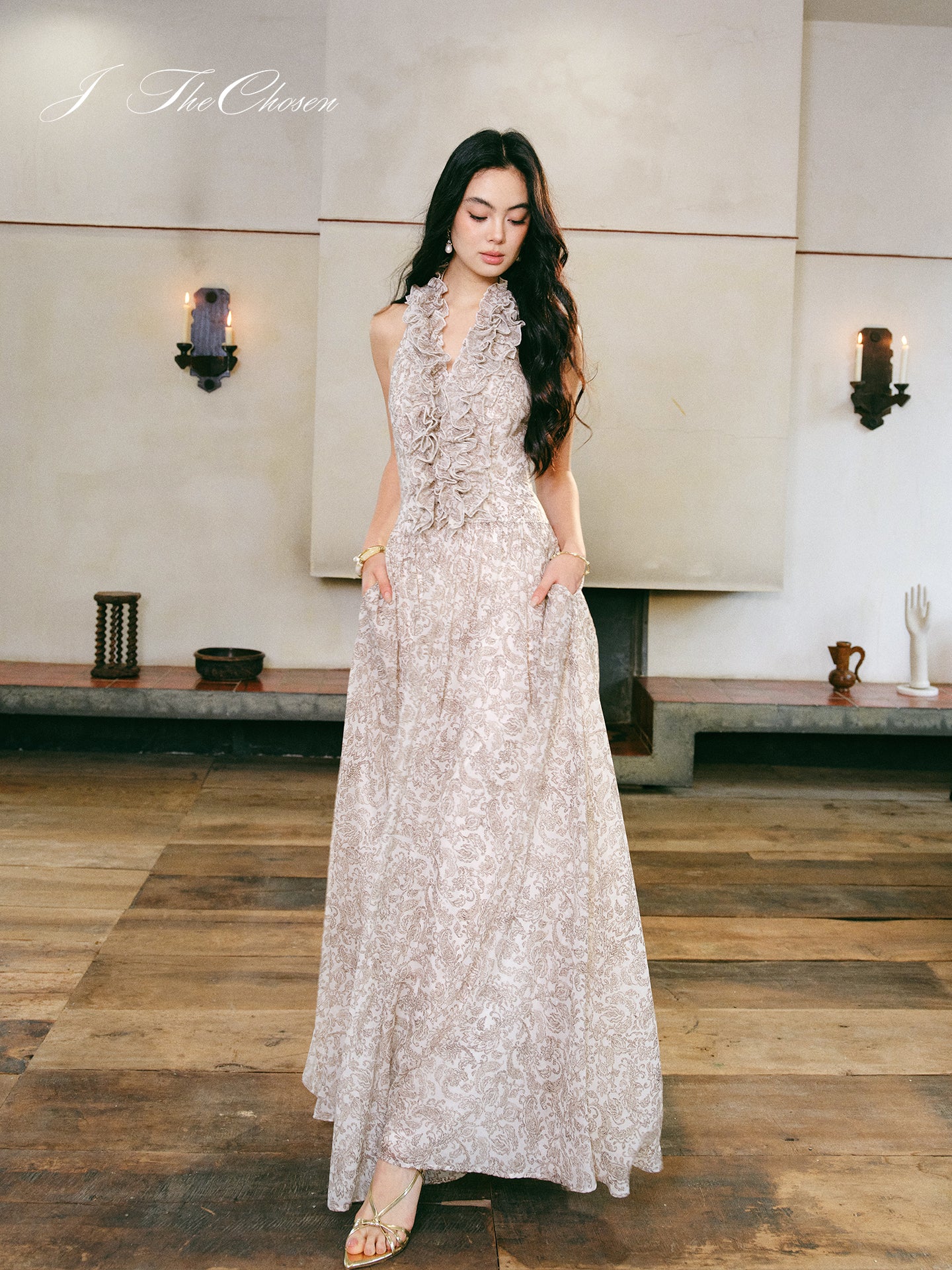 J TheChosen Halter Ruffle Waist Print Maxi Dress