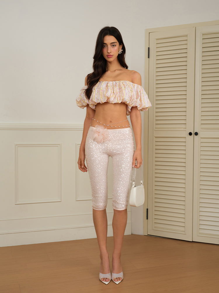 J TheChosen Sequins Crop Pants With Pearl Feather