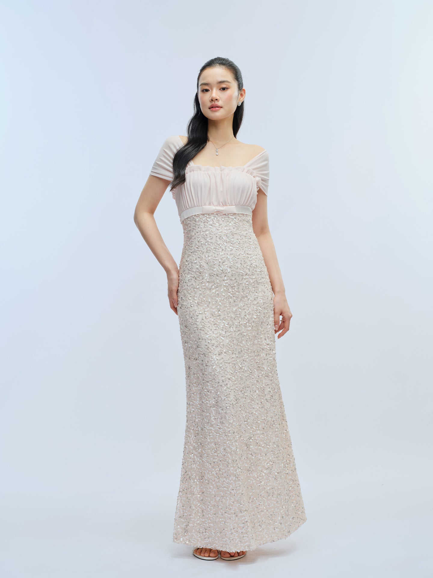 J TheChosen Pink Sequin Chiffon Bow Dress