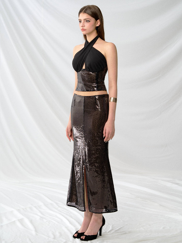 J TheChosen Black Sequin Chiffon Patchwork Top