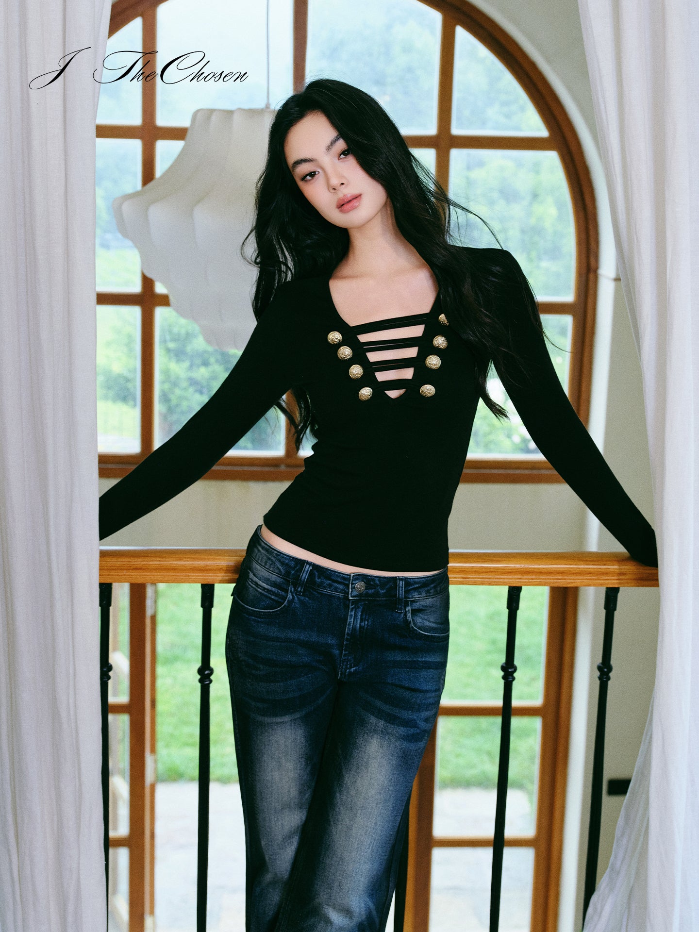 J TheChosen Sheer Fitted Long-Sleeve Top