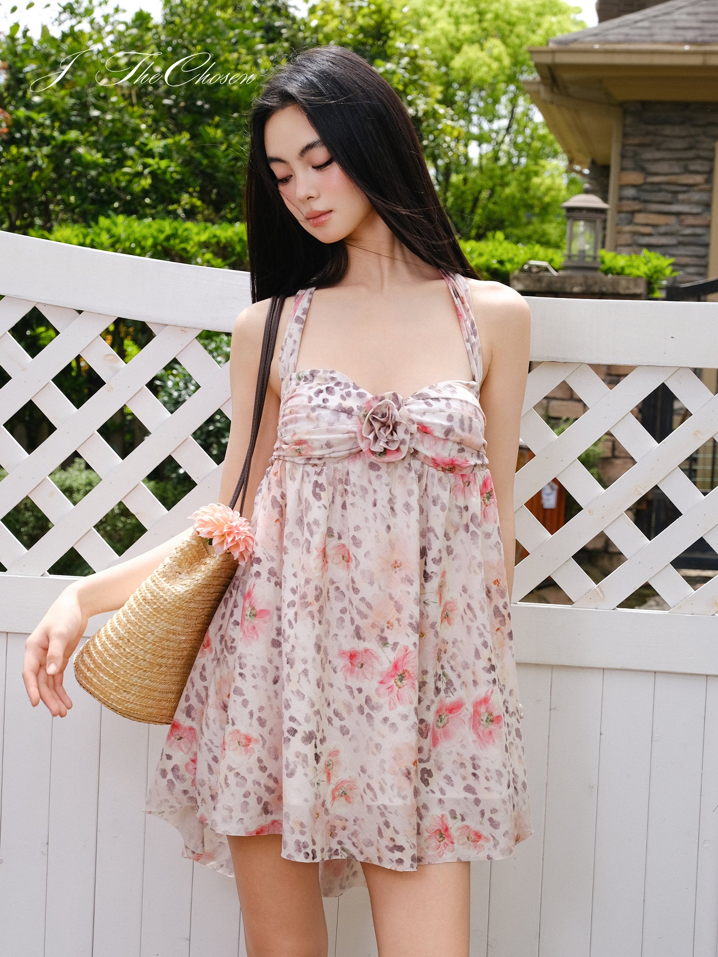 J TheChosen Halter Neck Floral Leopard Print Dress