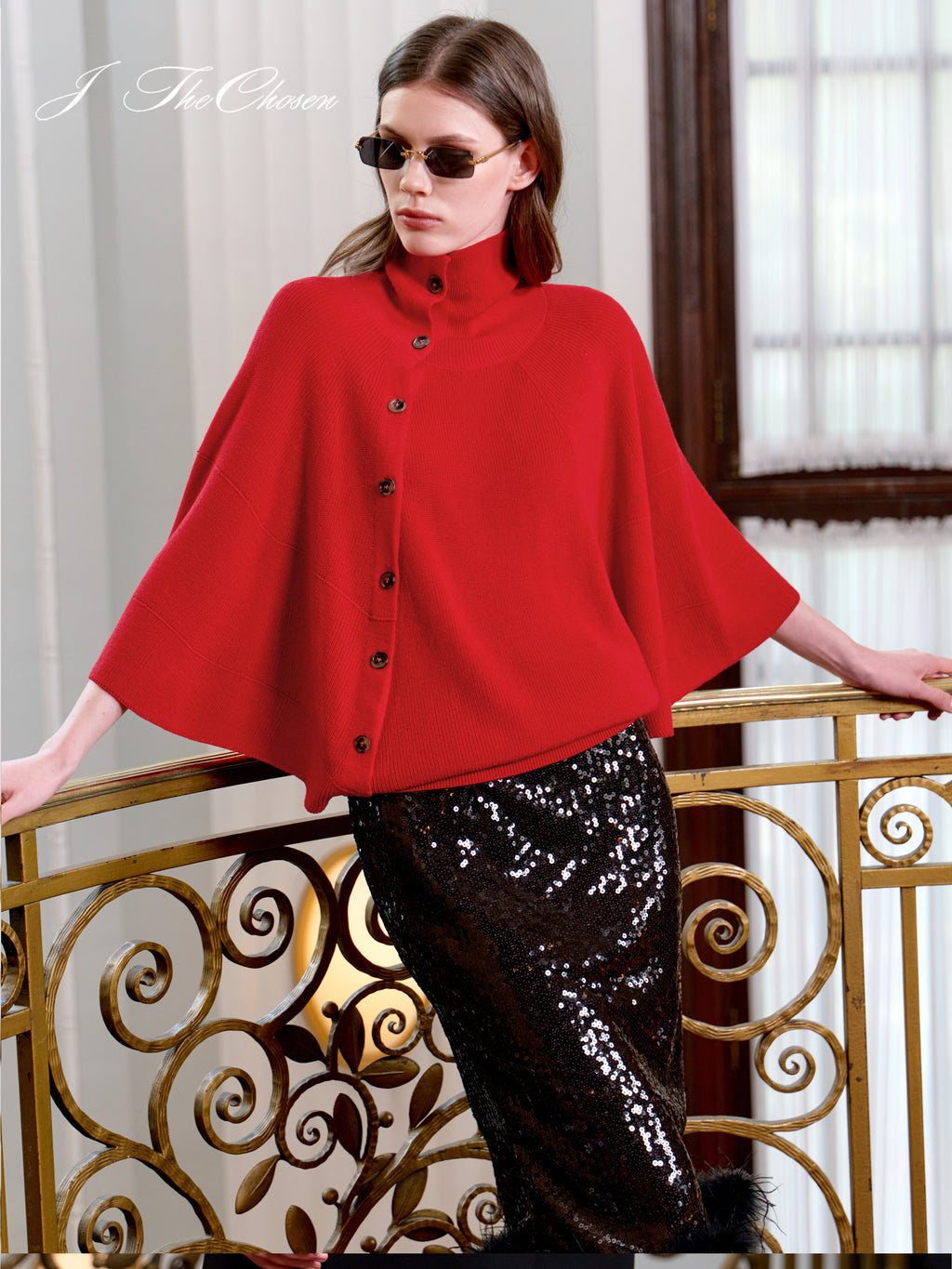 J TheChosen Asymmetric Button Cape Knit Sweater