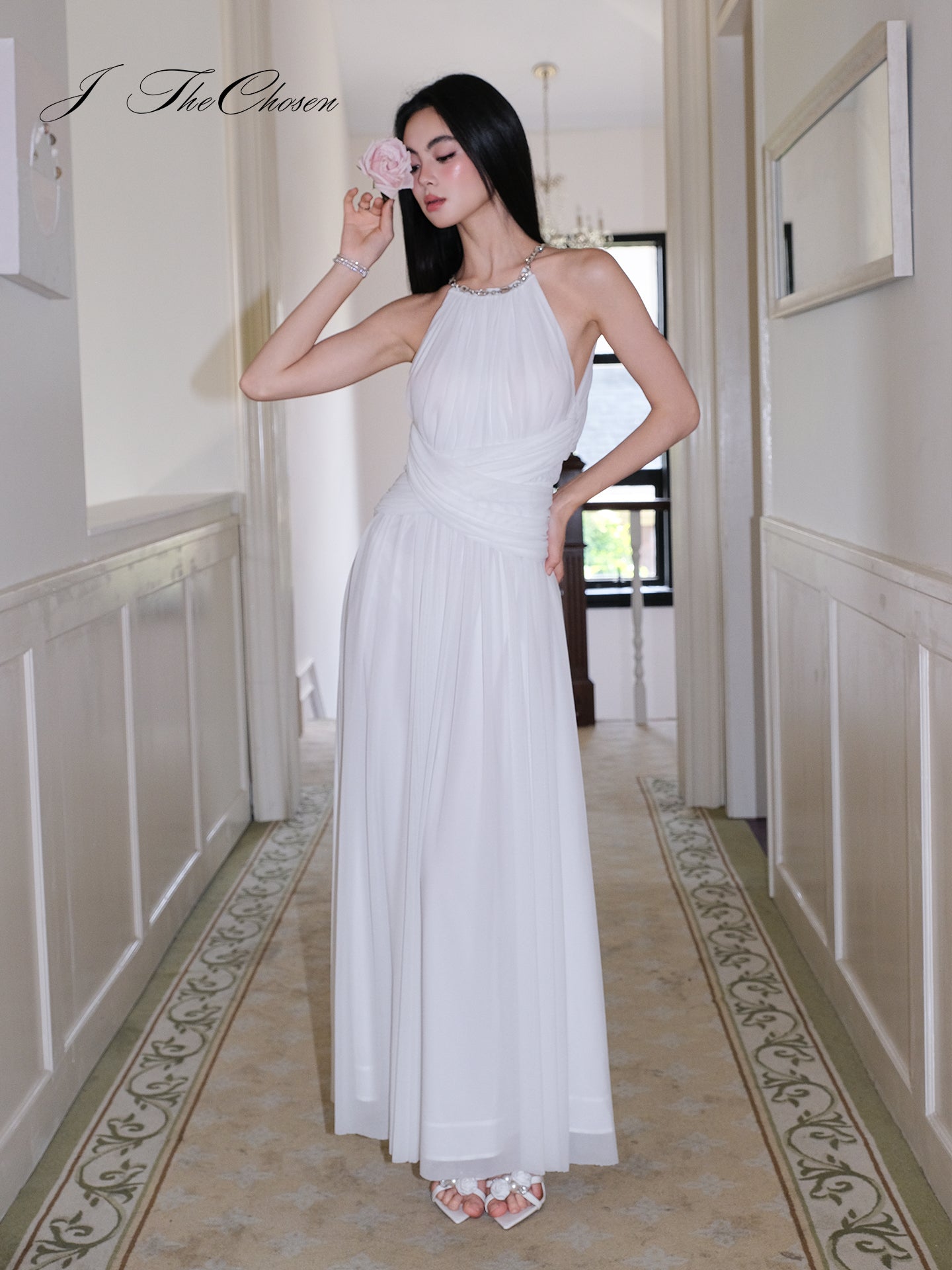 J TheChosen Mesh Ruched Halter Dress