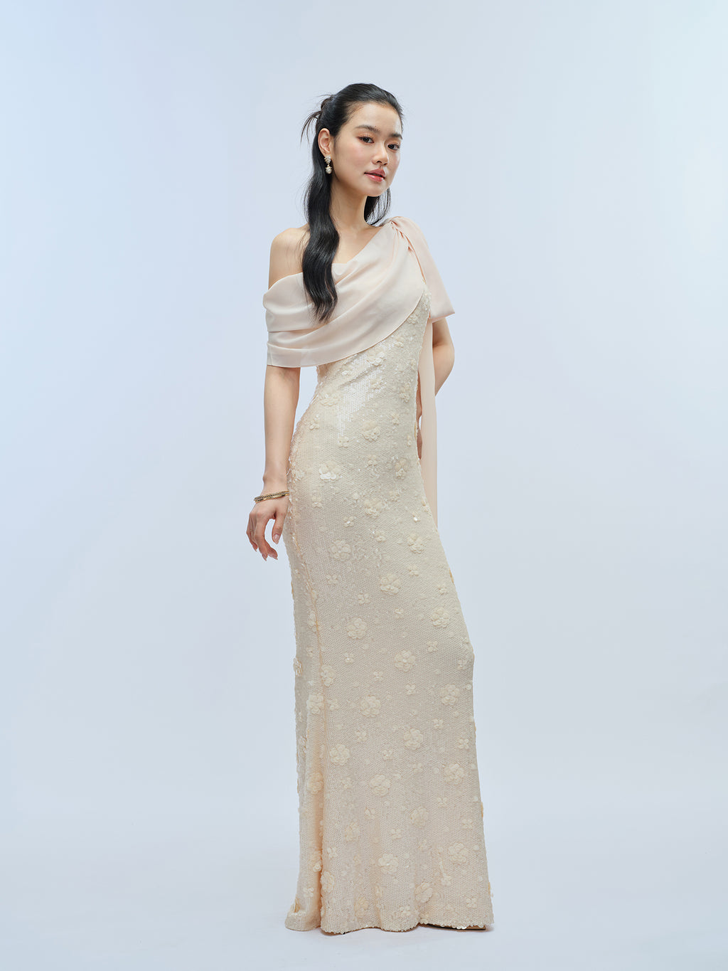 J TheChosen Off-Shoulder Sequin Gown with Bow and Streamer