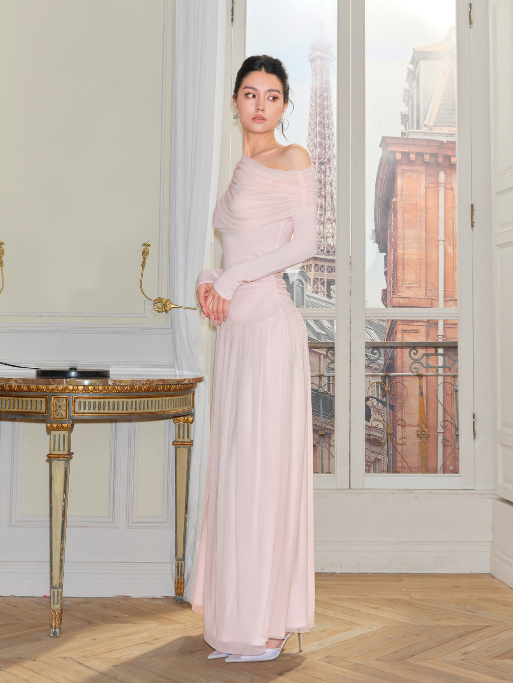 J TheChosen Milky Pink Off-Shoulder Knit Dress - Gathered Full Skirt