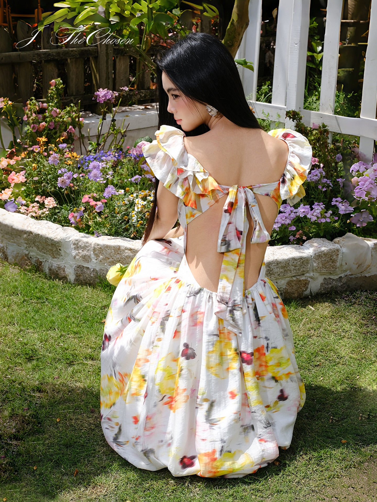 J TheChosen Ombre Floral Ruffle V-Neck Vacation Dress