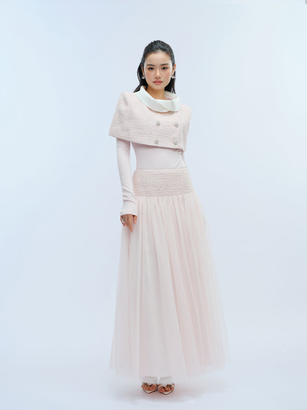 J TheChosen Crystal Button Tweed Set with Satin Cape Collar