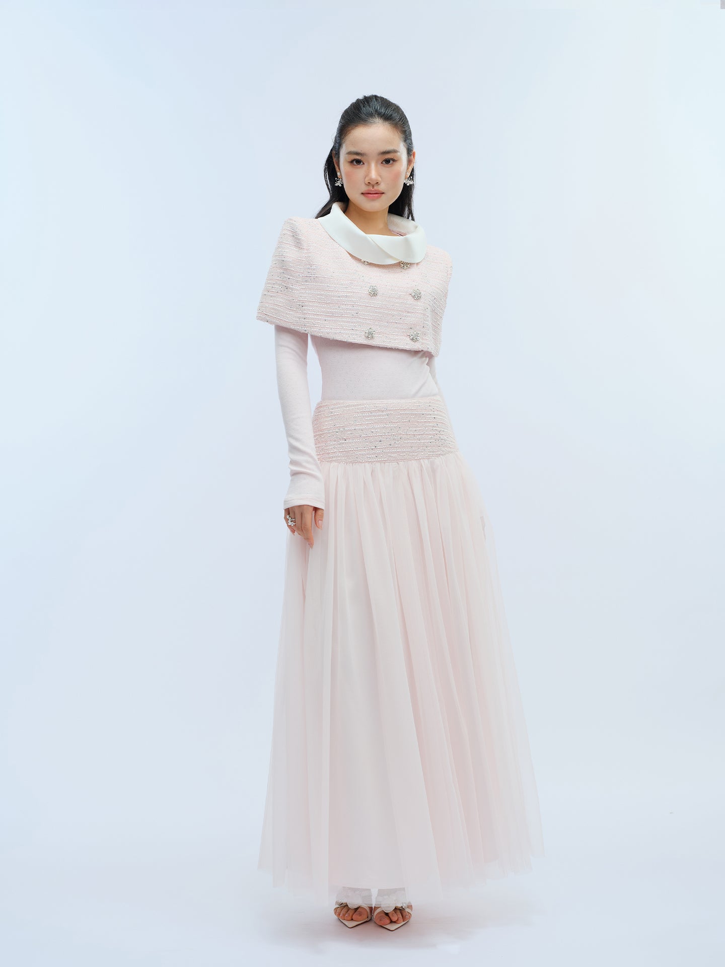 J TheChosen Crystal Button Tweed Set with Satin Cape Collar