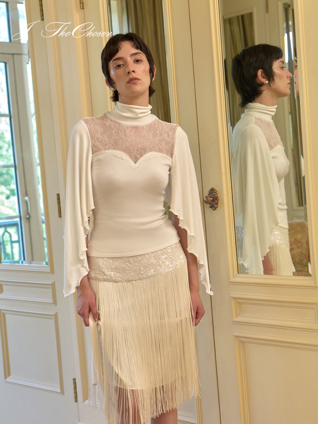 J TheChosen Lace High-Neck Knit Top