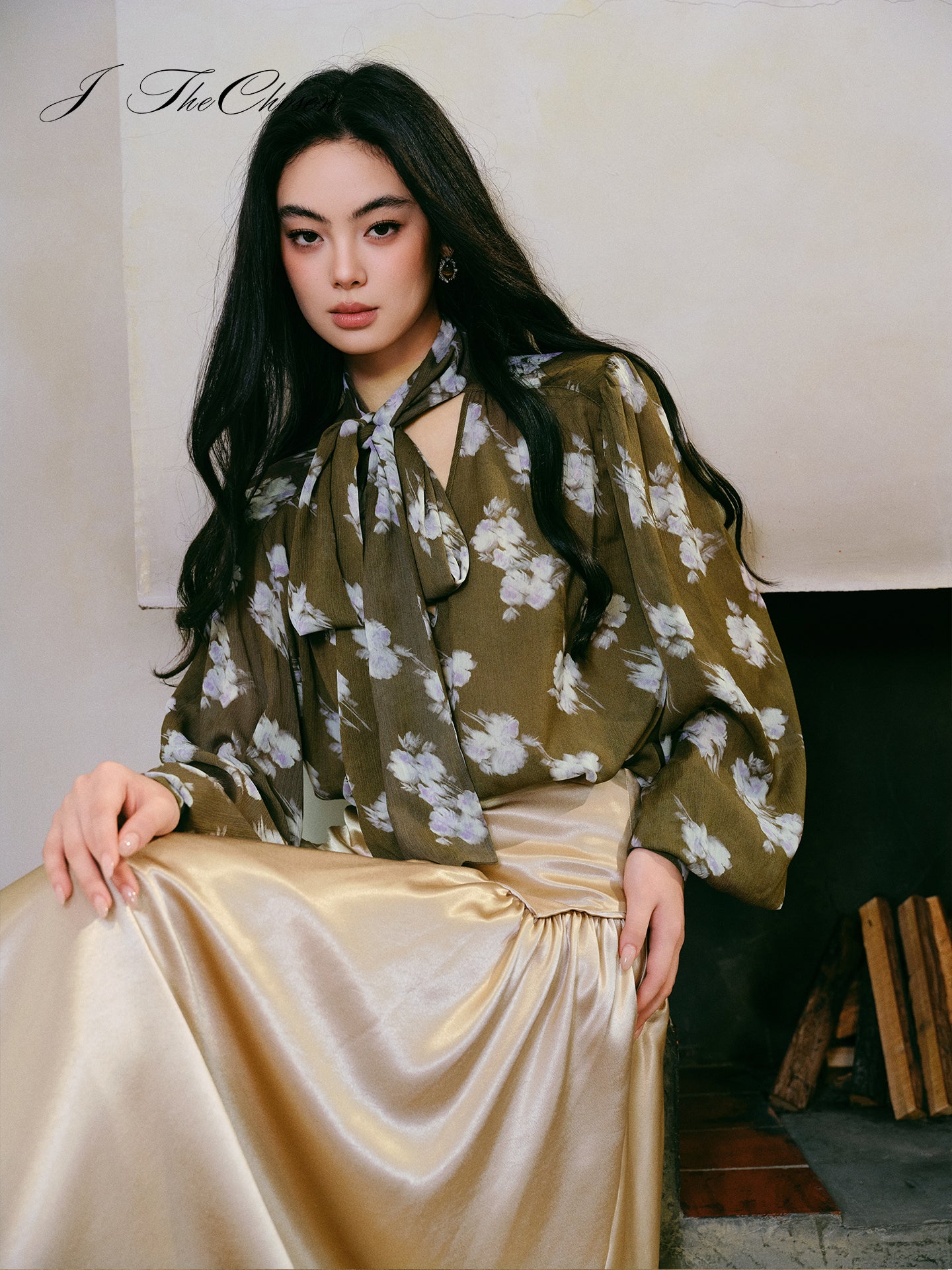 J TheChosen Long-Sleeve Shirt & Satin A-Line Skirt Set