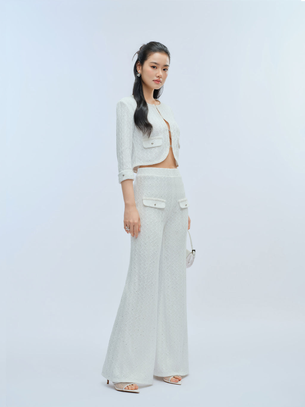 J TheChosen Openwork Sequin Knit Set with Flared Pants