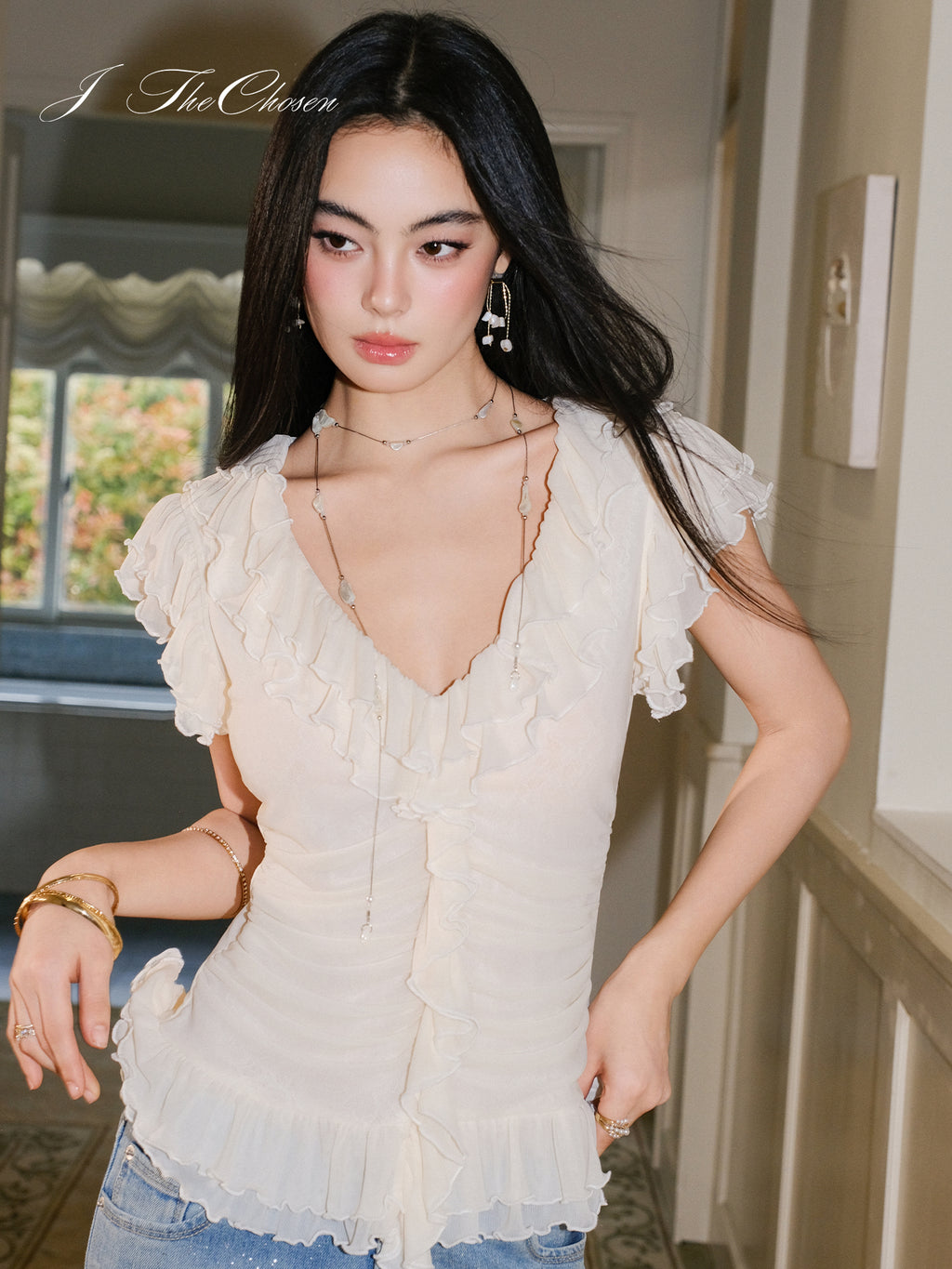 J TheChosen V-Neck Ruffle Smocked Knit Top