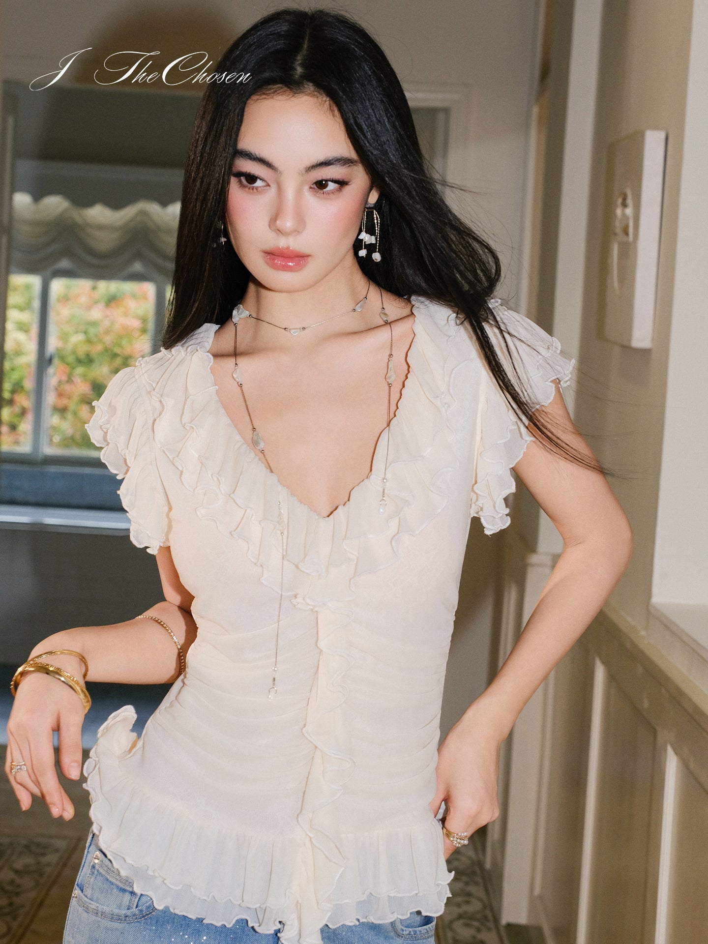 J TheChosen V-Neck Ruffle Smocked Knit Top