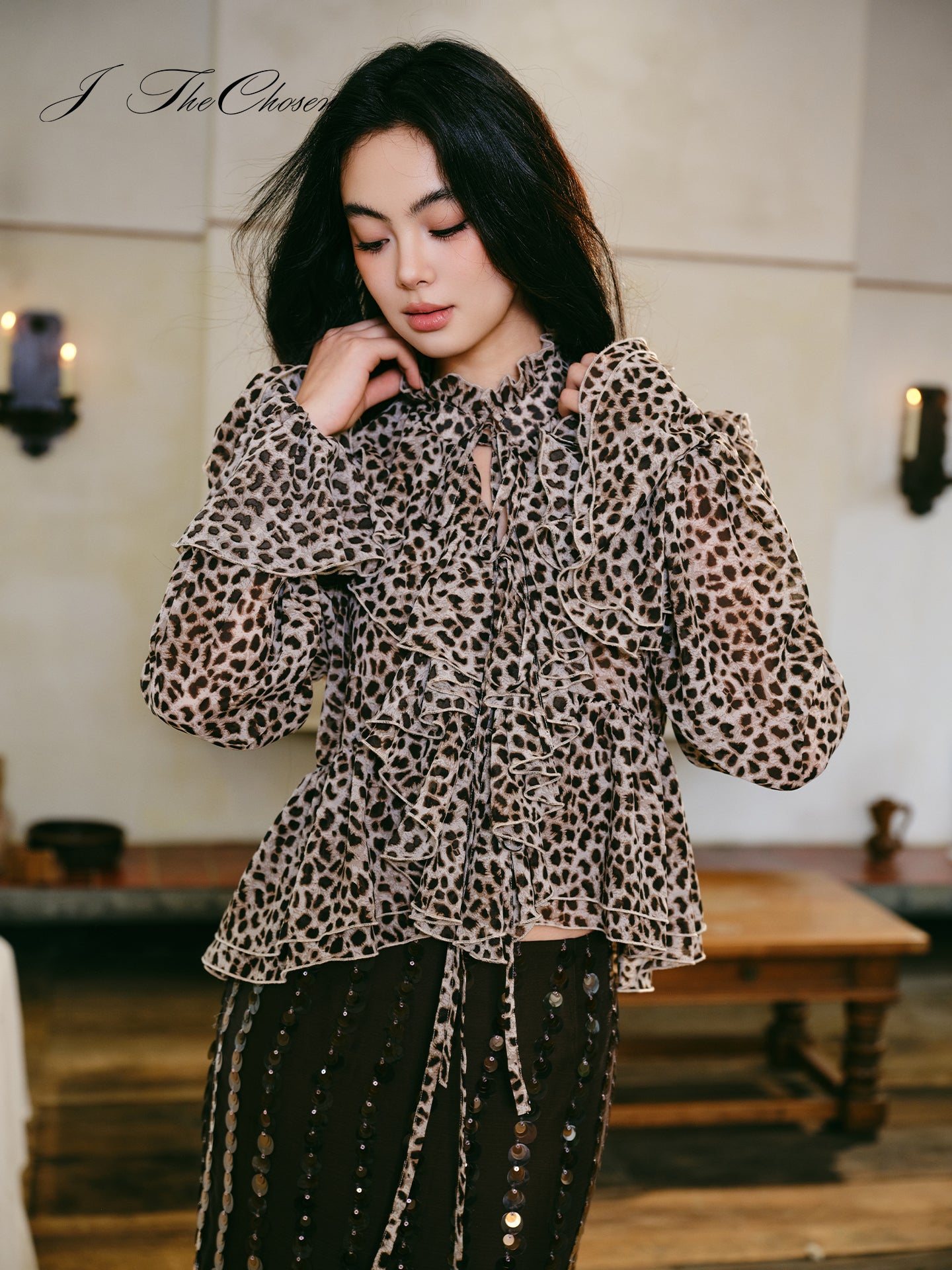 J TheChosen Ruffle Leopard Shirt & Sequin A-Line Skirt Set
