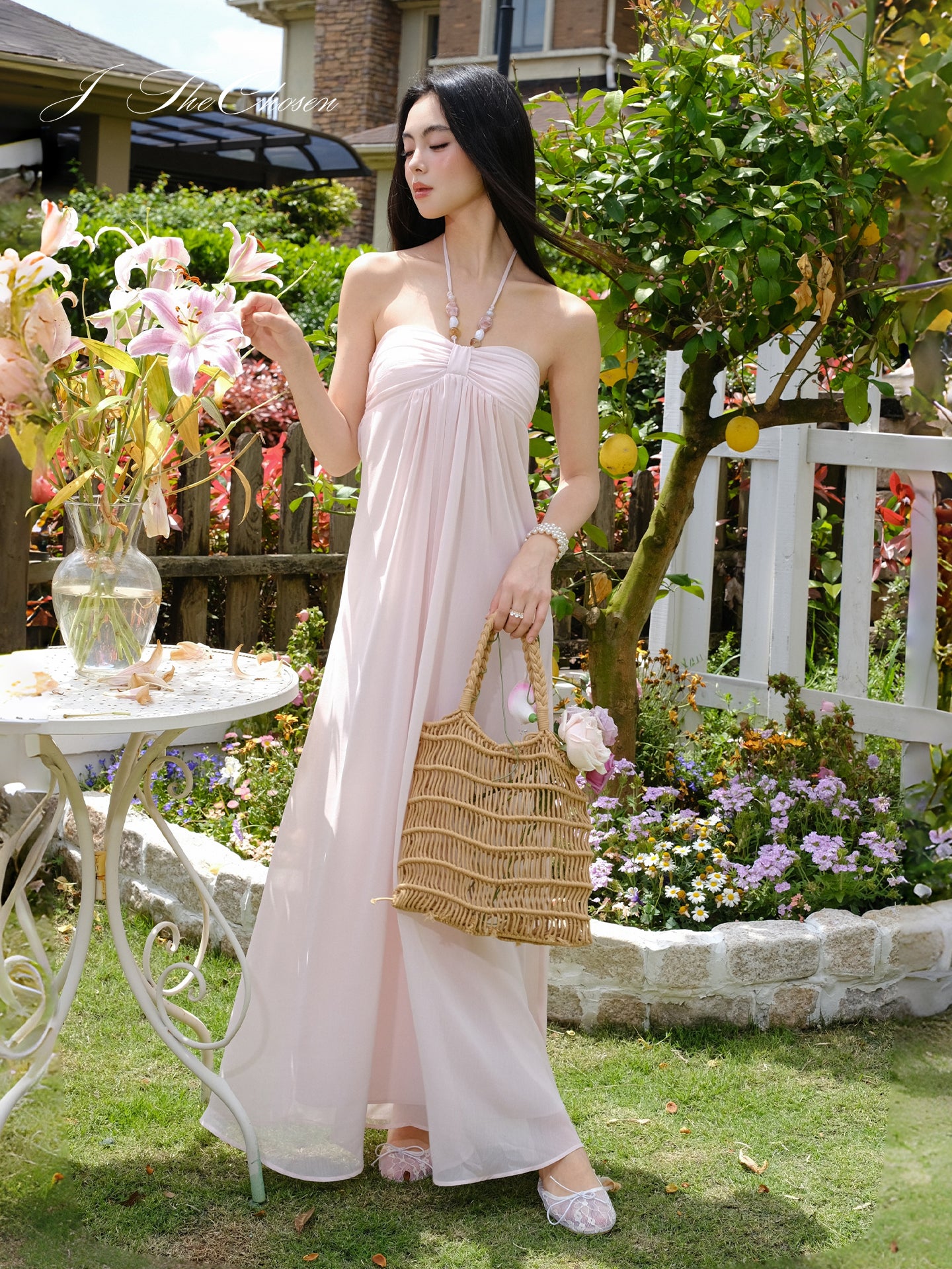 J TheChosen Halter Beaded Flowy Maxi Dress