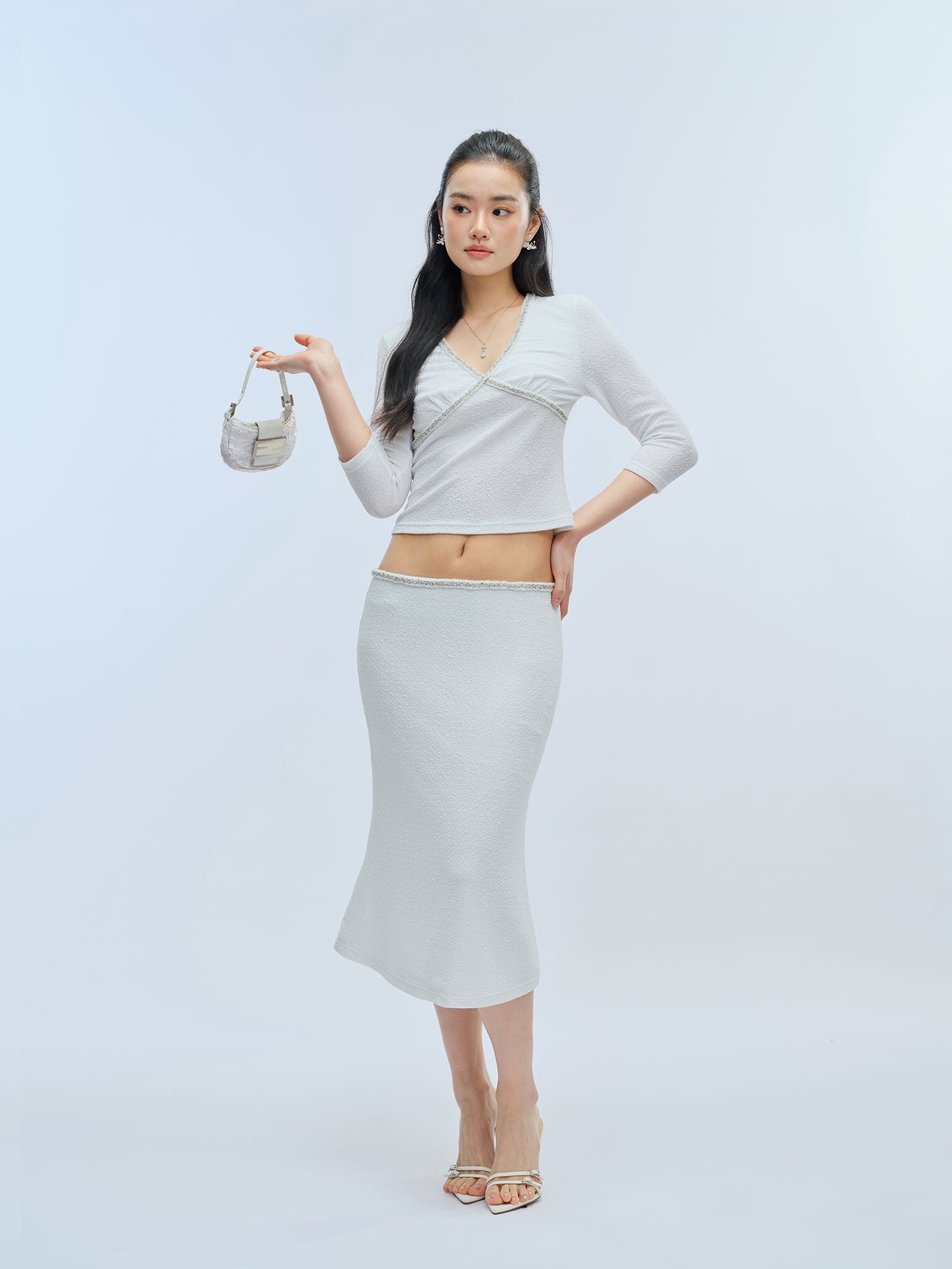 J TheChosen Pearl White V-Neck Top & Mermaid Skirt Set