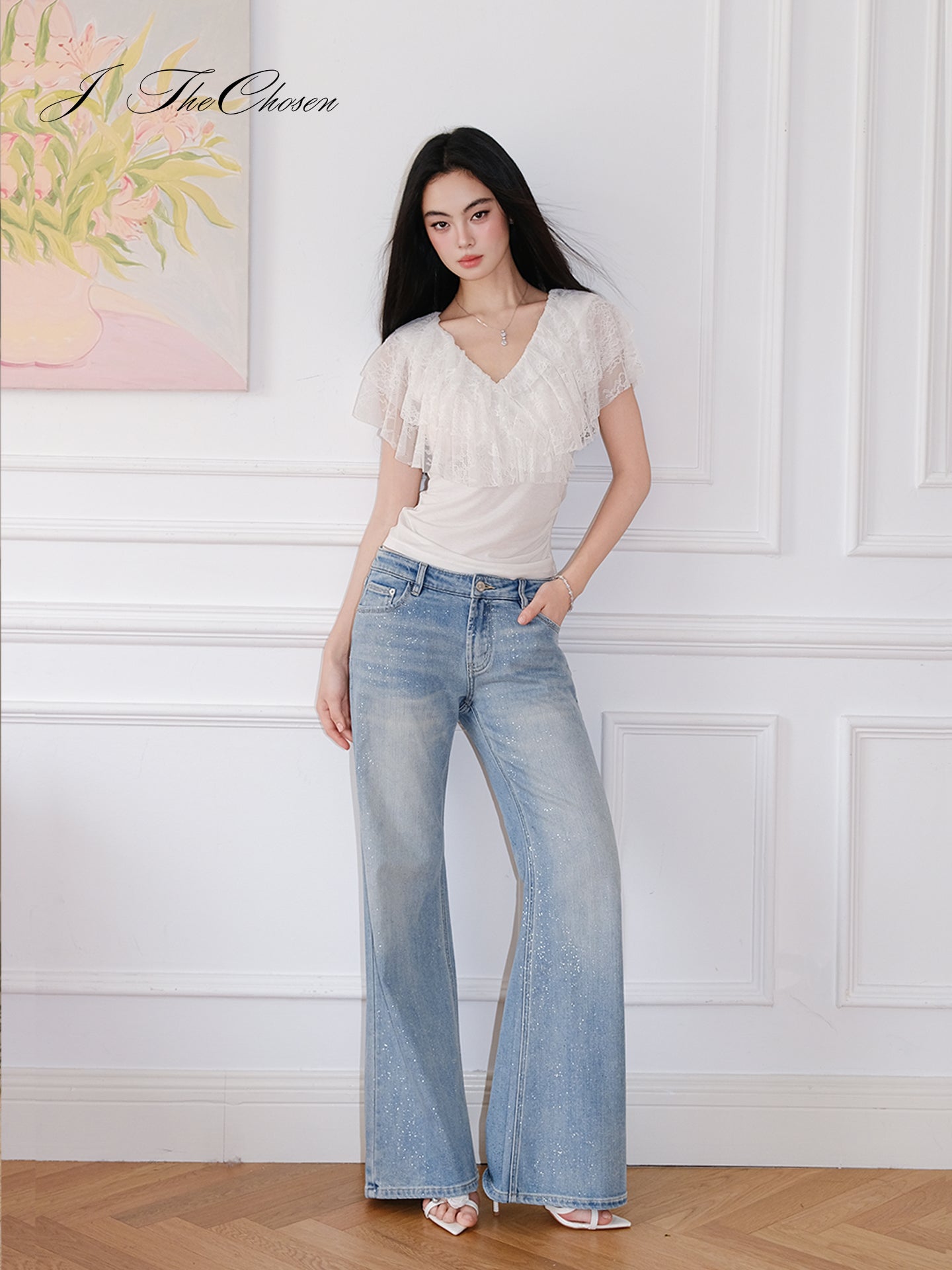 J TheChosen Lace Ruffle V-Neck Knit Top