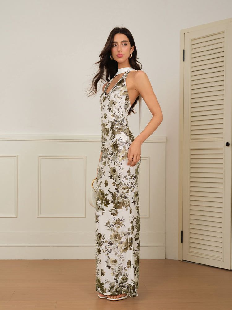 J TheChosen Gold Foil Leaf Maxi Dress