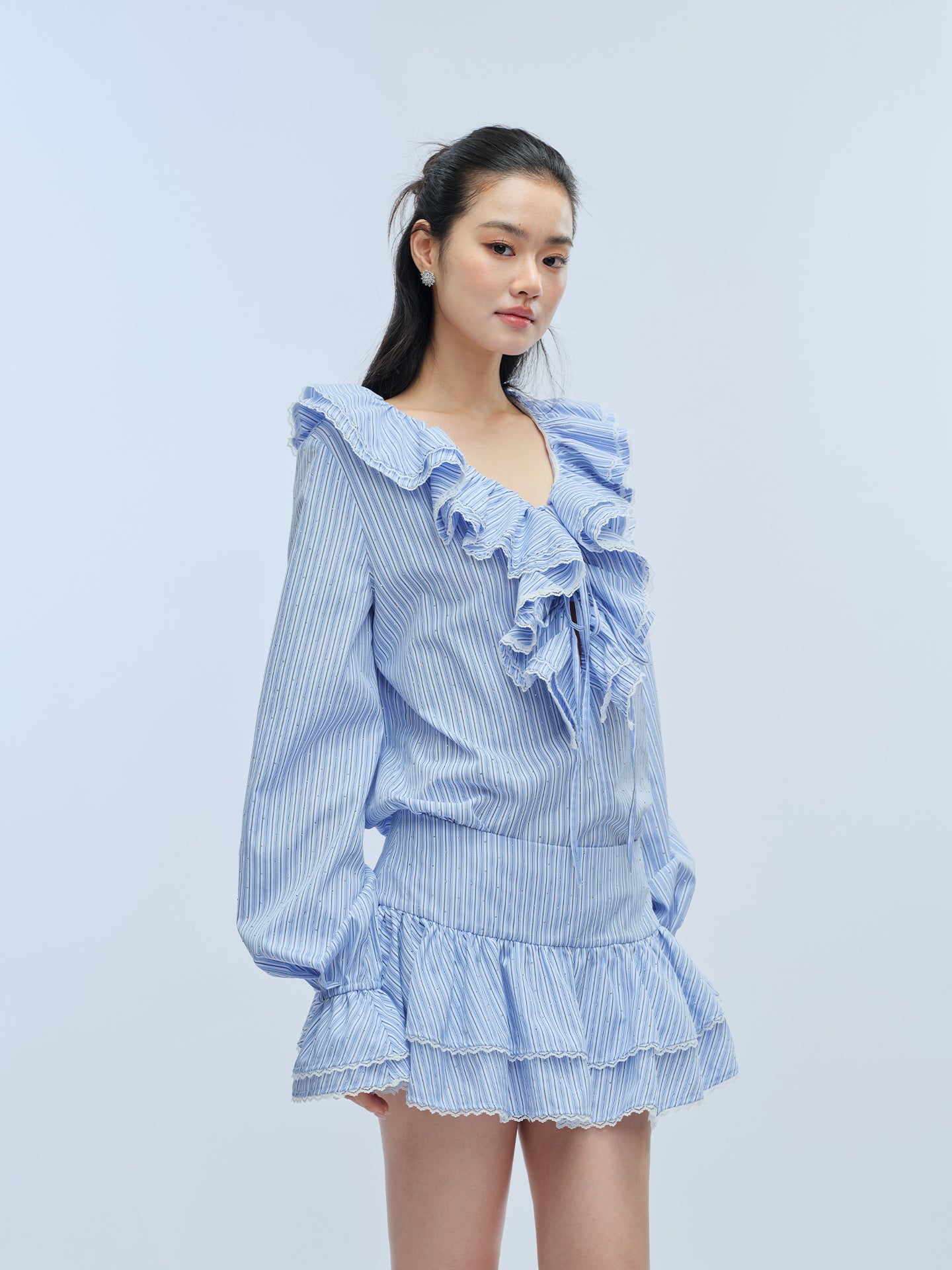 J TheChosen Striped Tie-Front Ruffle Two-Piece Set