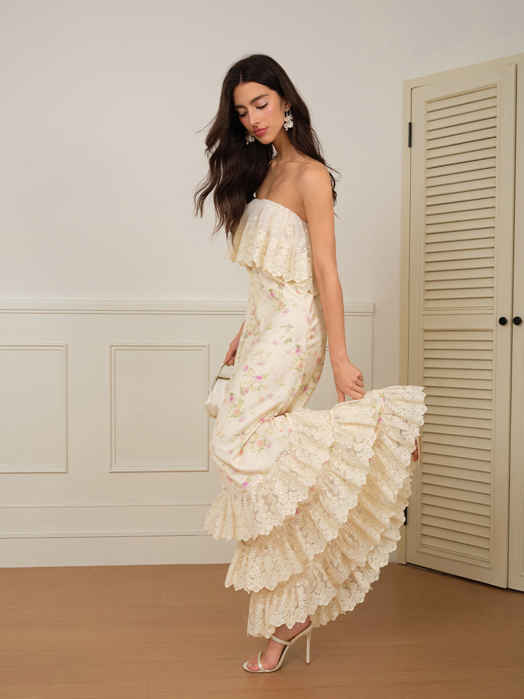 J TheChosen Off-shoulder Floral Satin Lace Maxi Dress