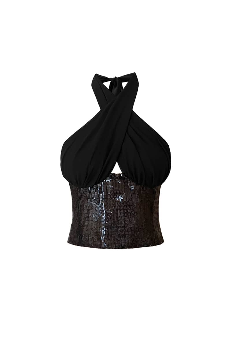 J TheChosen Black Sequin Chiffon Patchwork Top