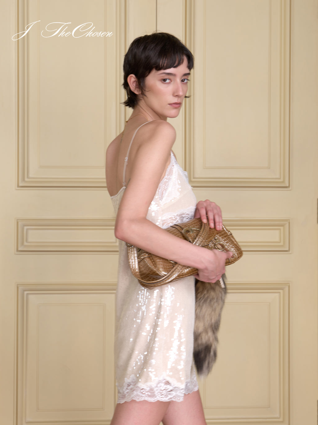 J TheChosen Champagne Lace & Sequin Slip Dress