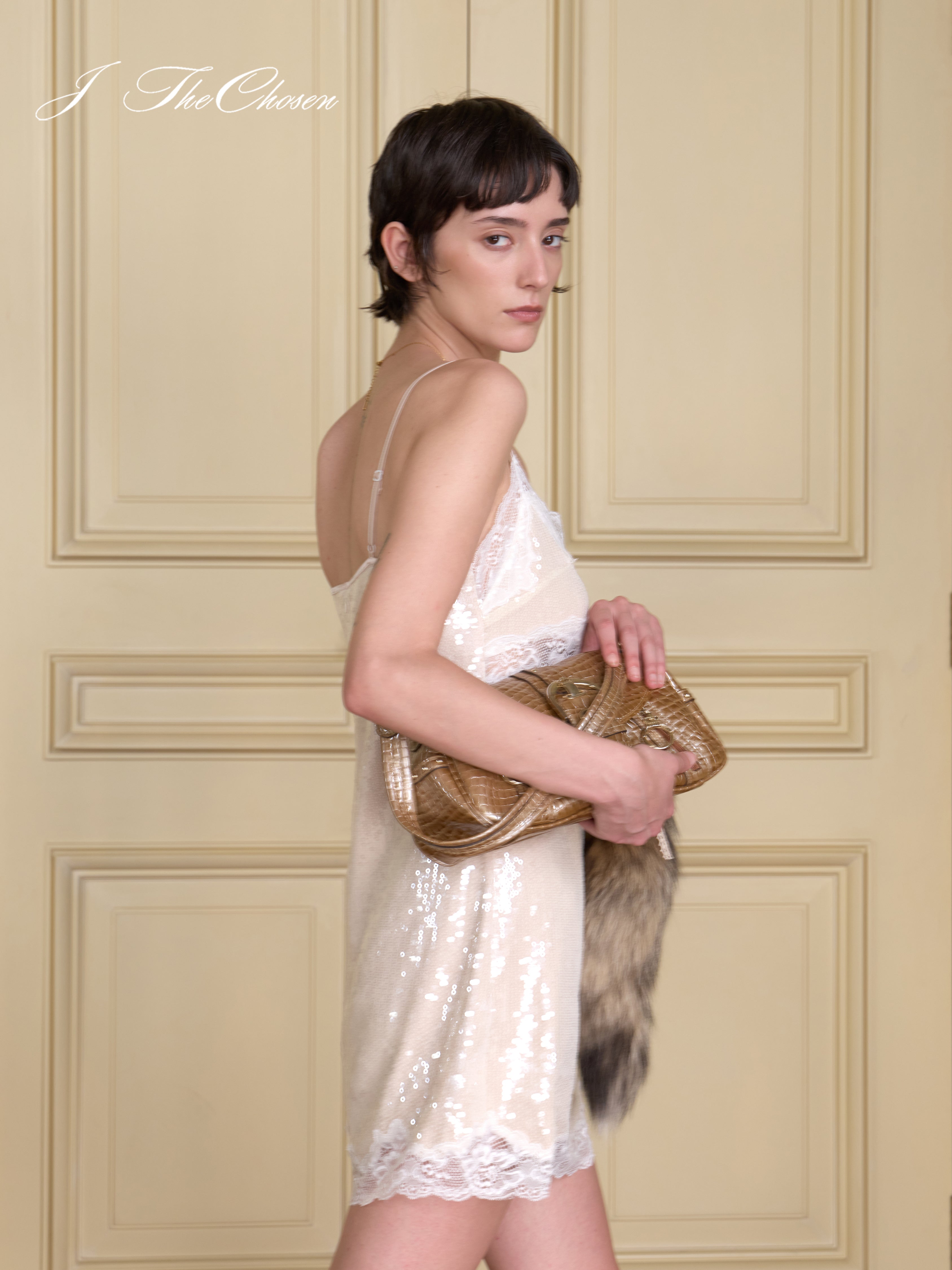 J TheChosen Champagne Lace & Sequin Slip Dress