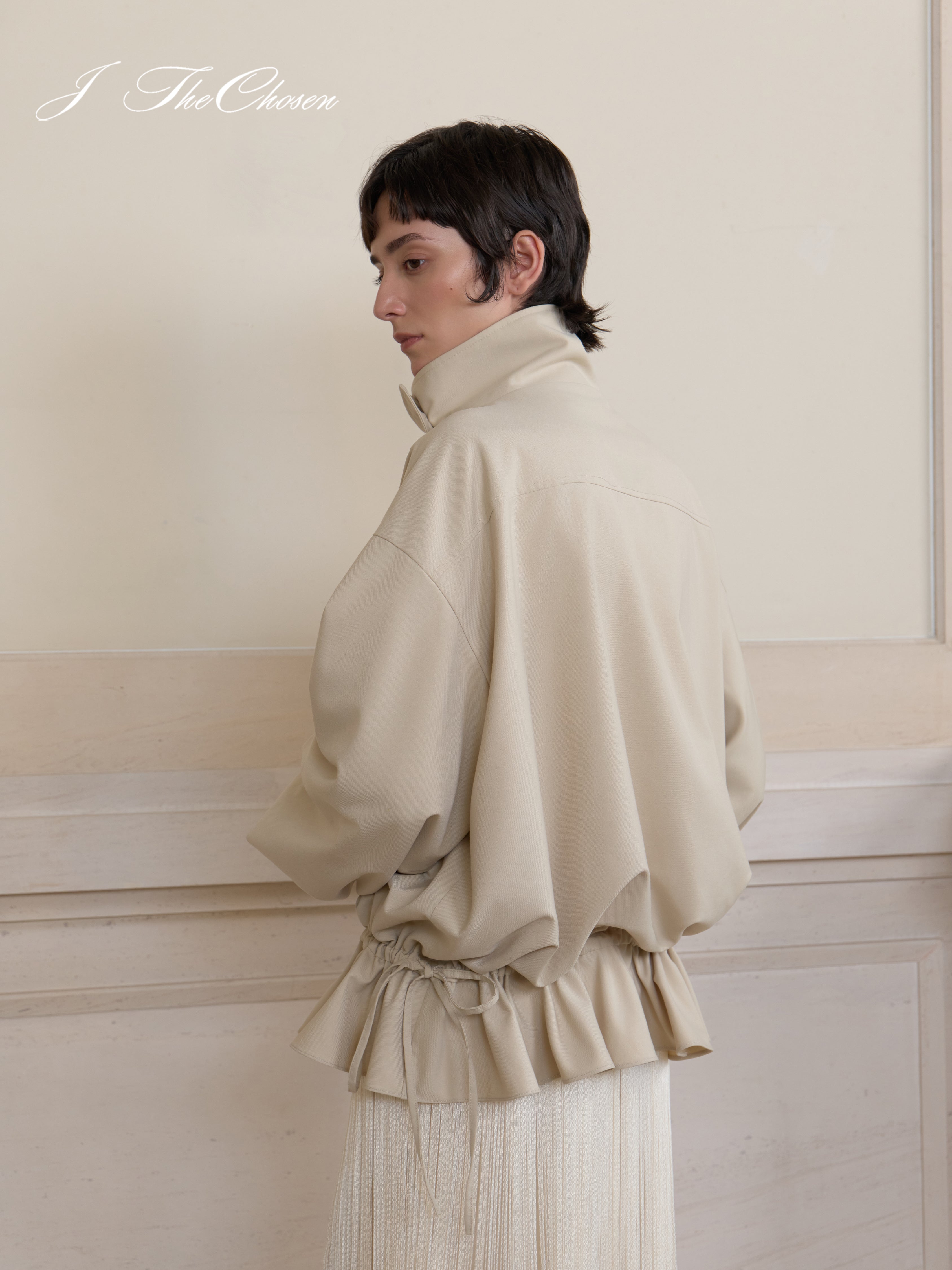 J TheChosen Drawstring Ruffle Trench Coat