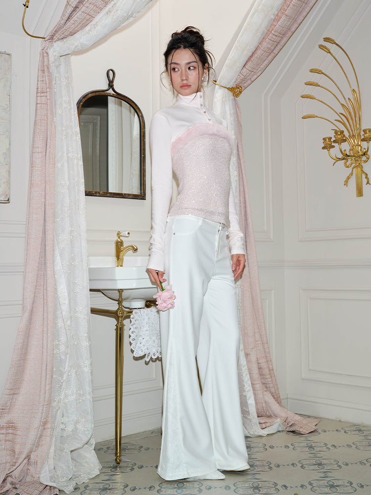 J TheChosen White Lace and Sequin Flared Trousers