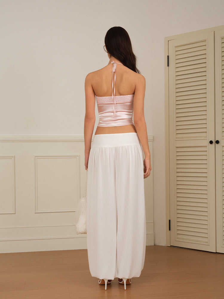 J TheChosen "Blushing Ripple"Pink sequin satin beaded spaghetti strap top.