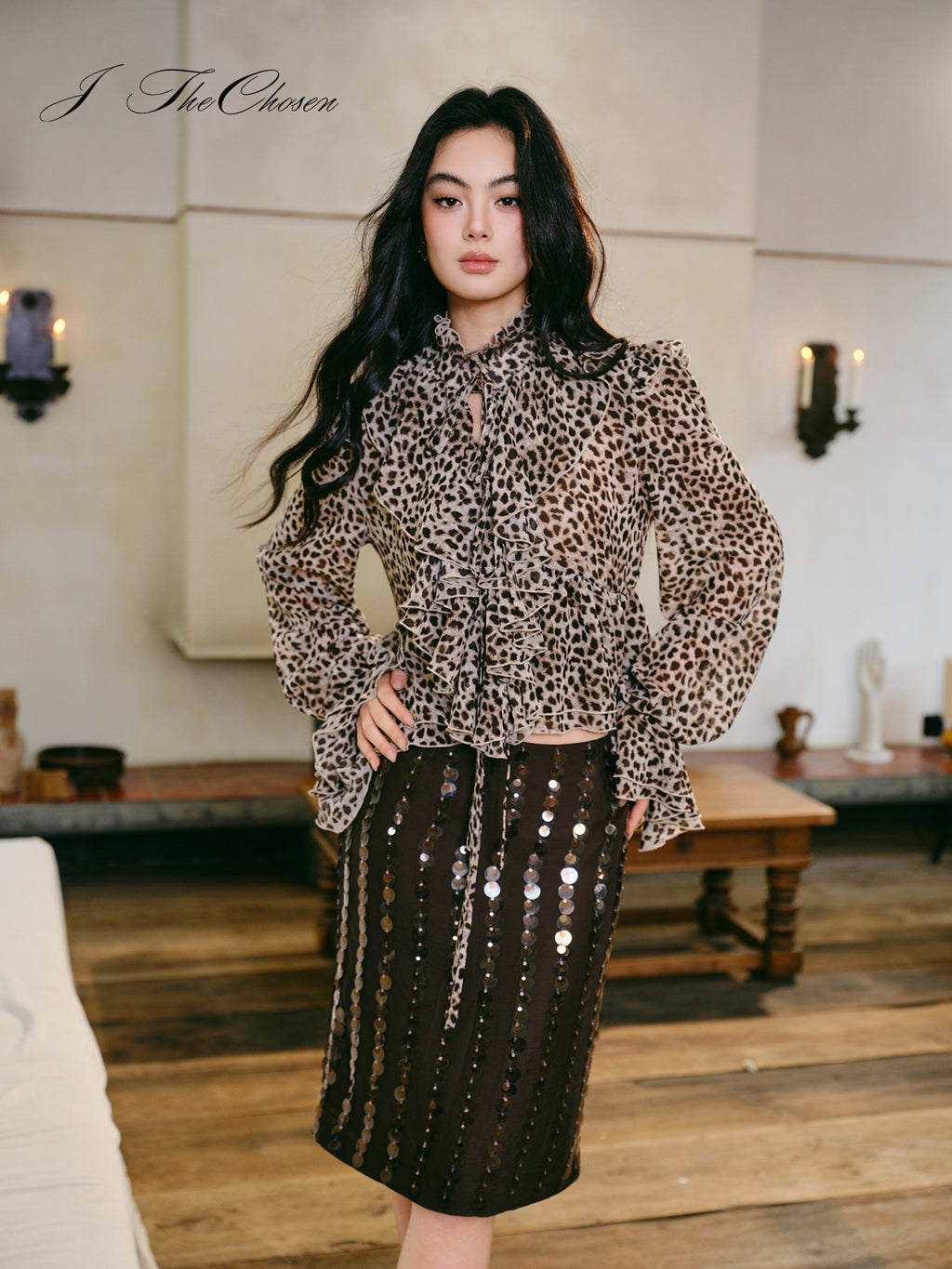 J TheChosen Ruffle Leopard Shirt & Sequin A-Line Skirt Set